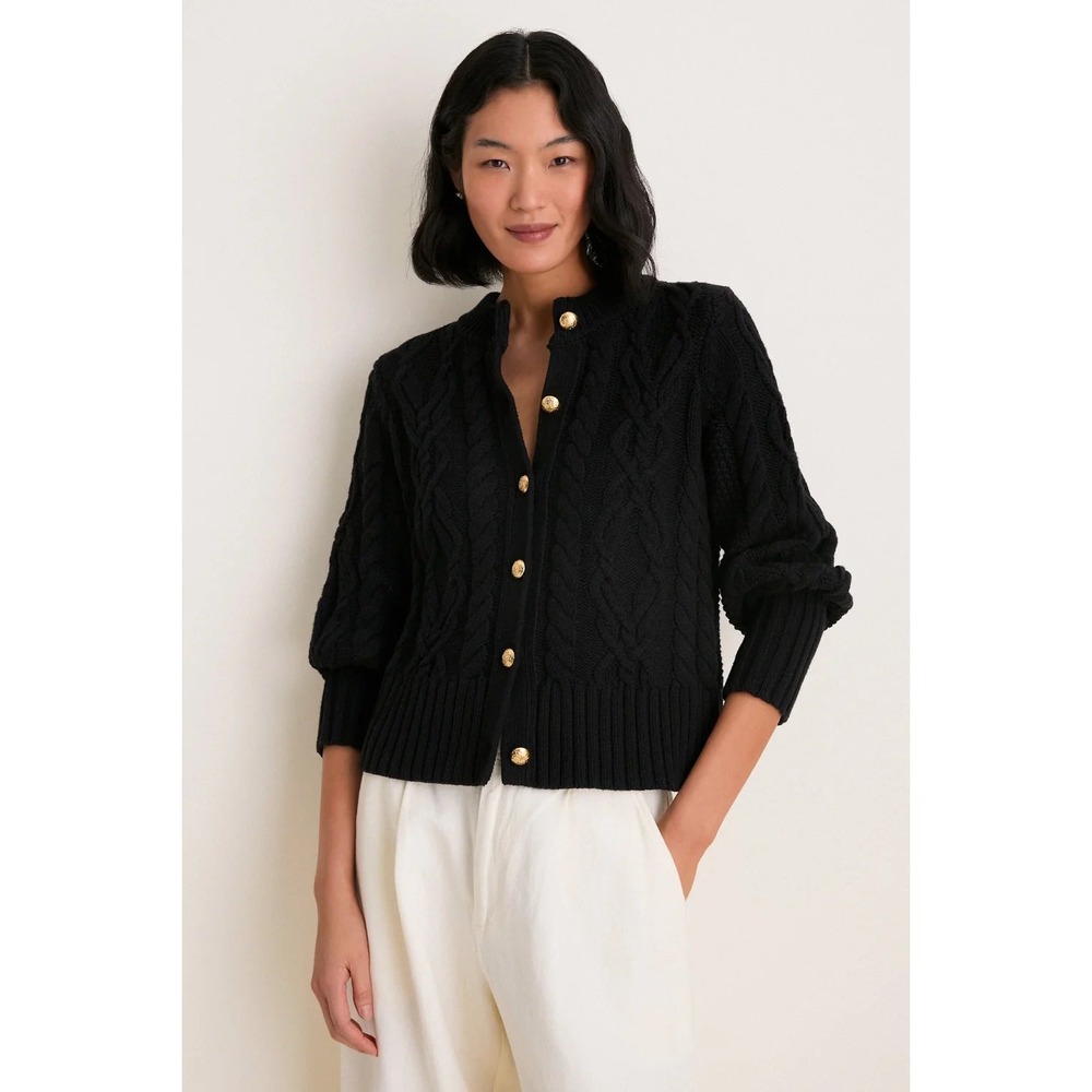 Tuckernuck Colette Cardigan Sweater XL Black Cable Knit Puff Sleeve Preppy Chic
